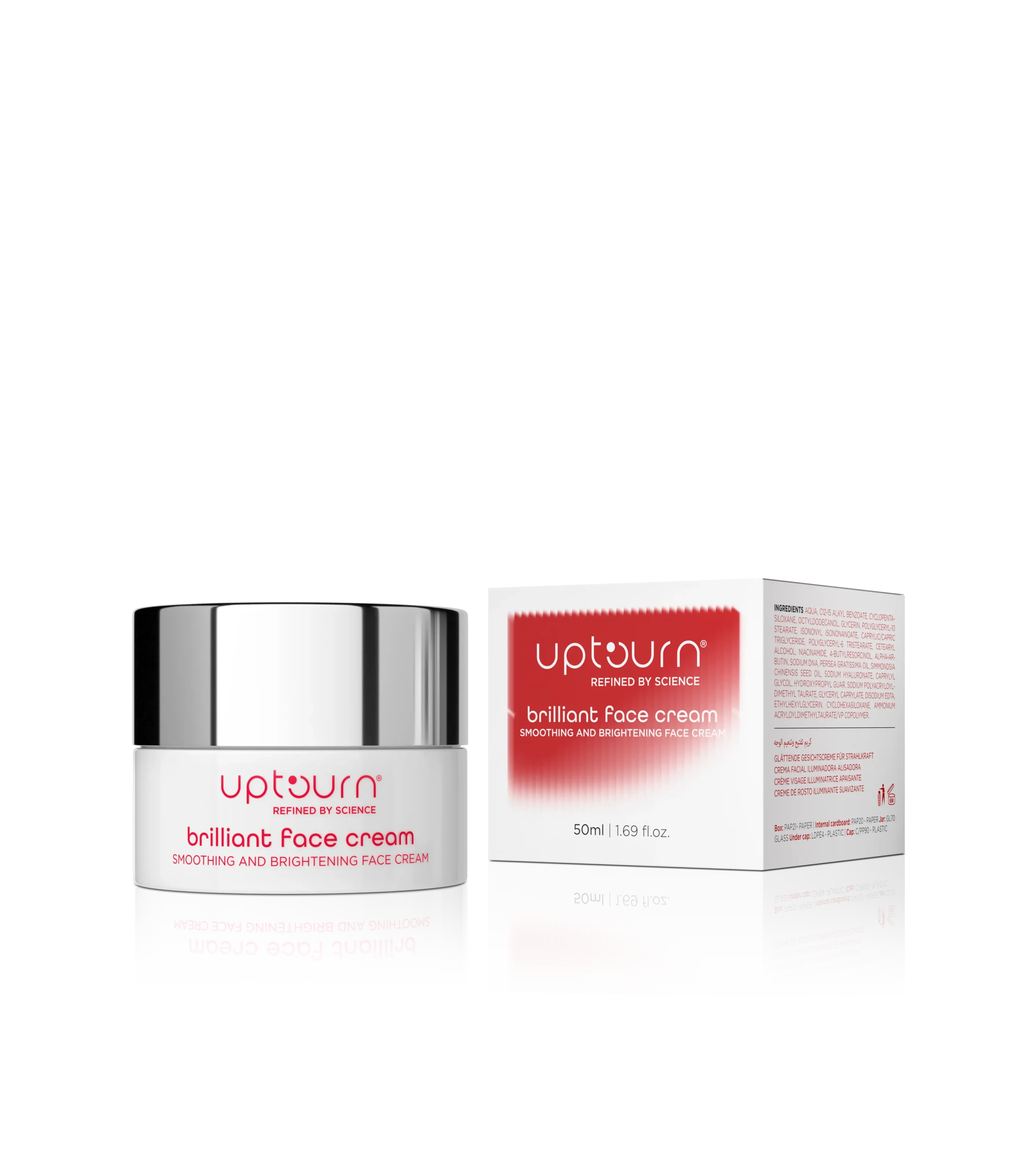 Two jars of "uptown brilliant face cream" are shown; one stands upright and the other lies on its side, displaying the label and ingredient information. The jars are white with silver lids and red text.