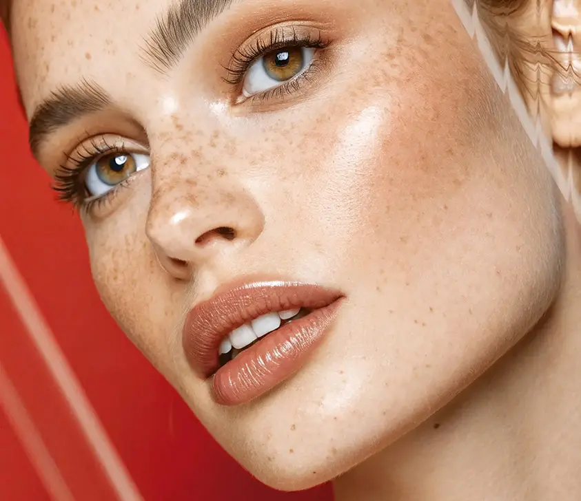A close-up of a person with light brown eyes, full lips, and freckles, with glowing skin and neutral makeup, against a vibrant red background.