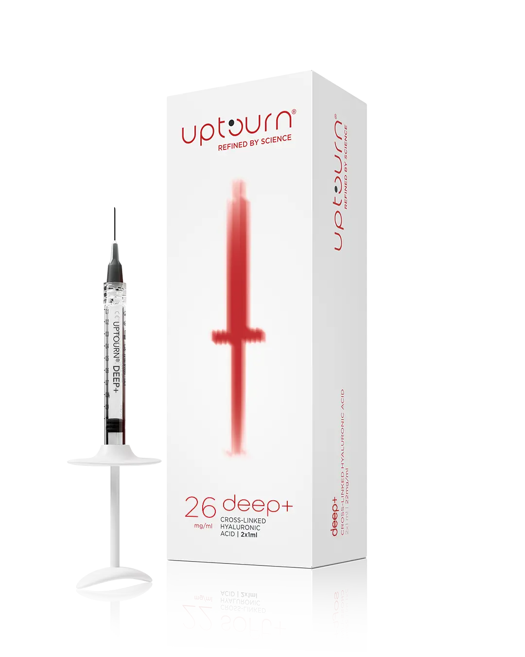 A syringe with transparent liquid stands next to a white box labeled "upturn 26 deep+," featuring a red cross-shaped graphic and text describing it as a cross-linked hyaluronic acid filler.