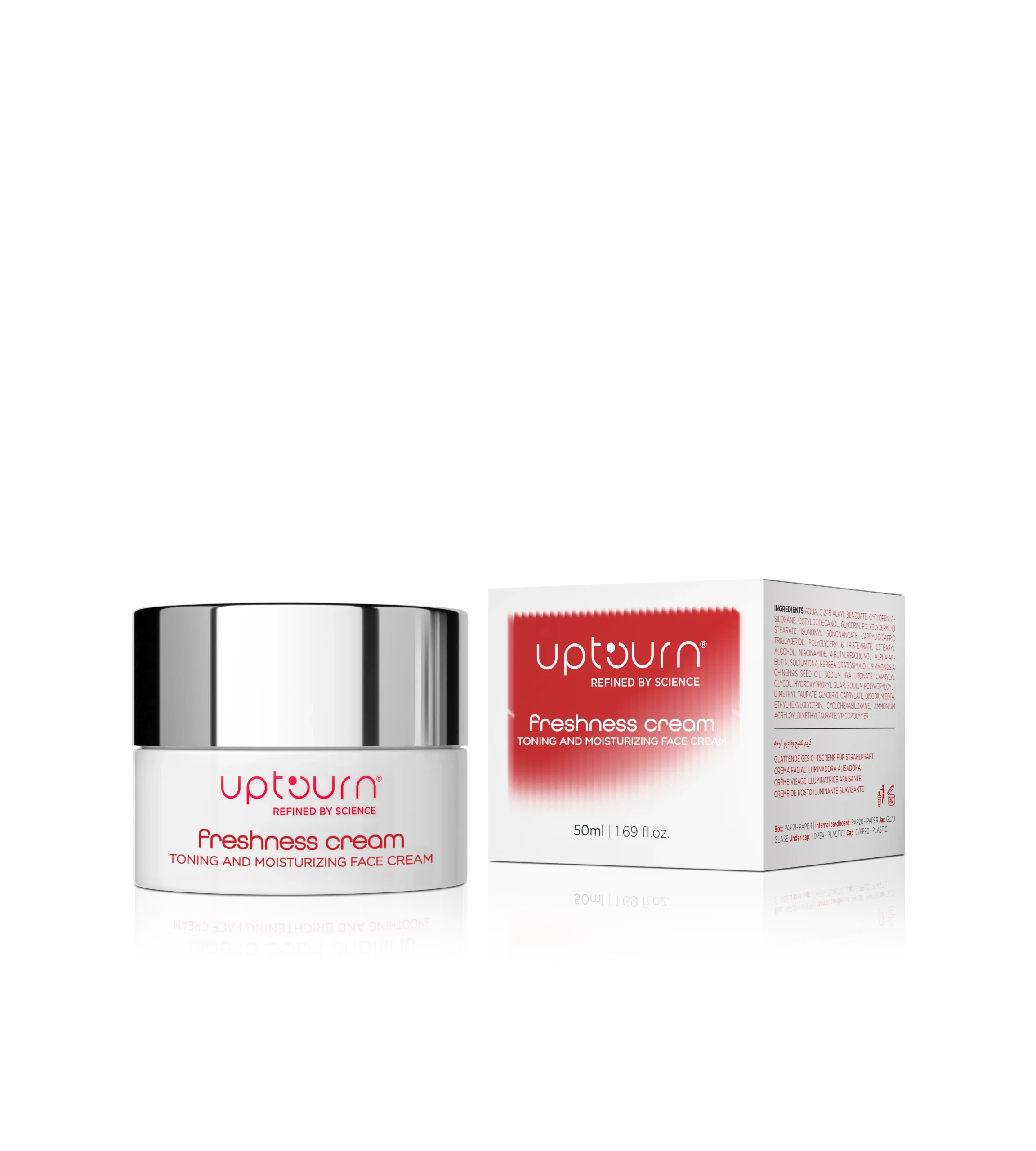 A jar and a box of Uptown Freshness Cream, a toning and moisturizing face cream, are displayed against a white background. The jar has a silver lid and the box features red and white text and design.