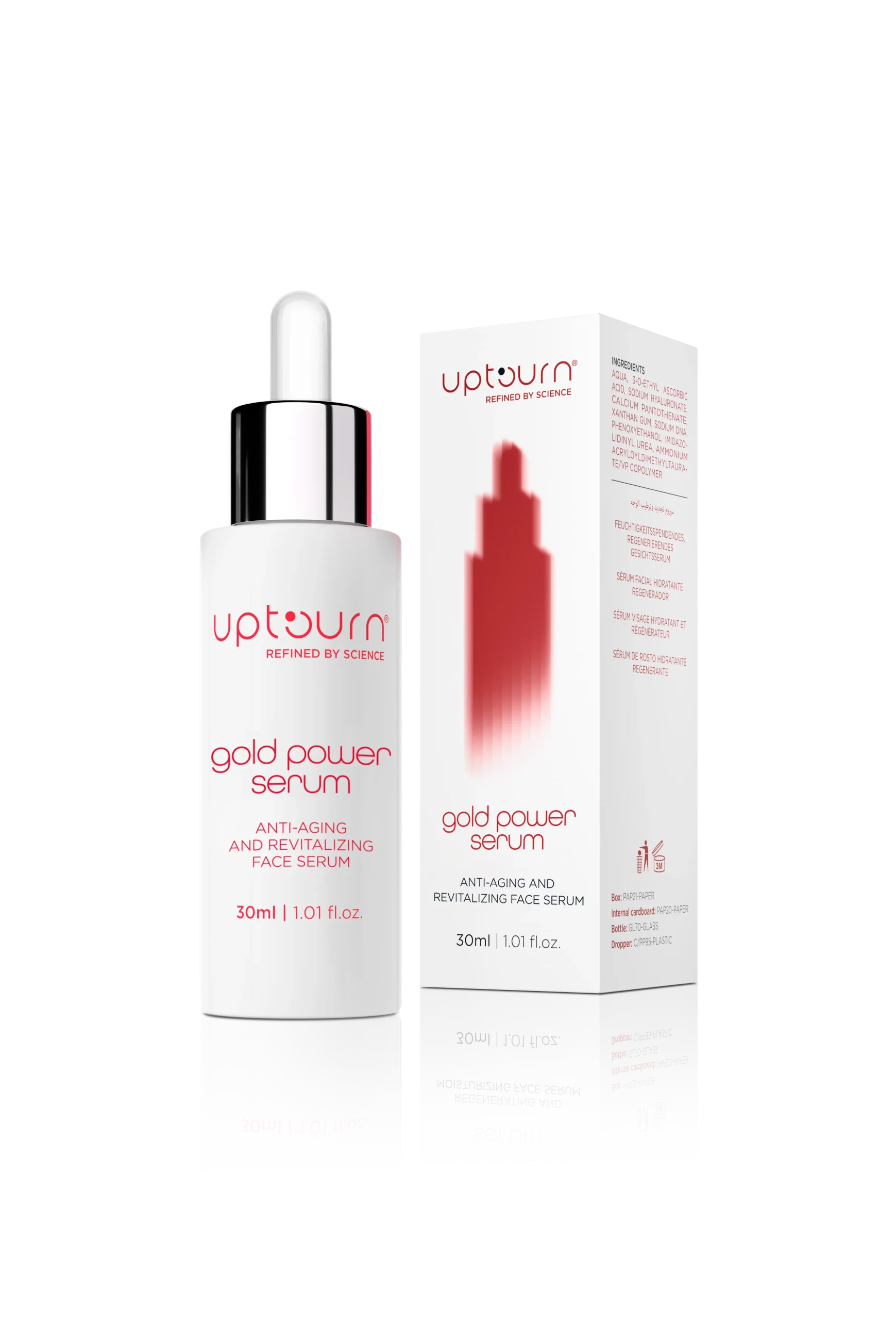A white dropper bottle labeled "upturn gold power serum" stands next to its matching box. Both display red text and branding, describing the product as an anti-aging and revitalizing face serum, 30ml size.