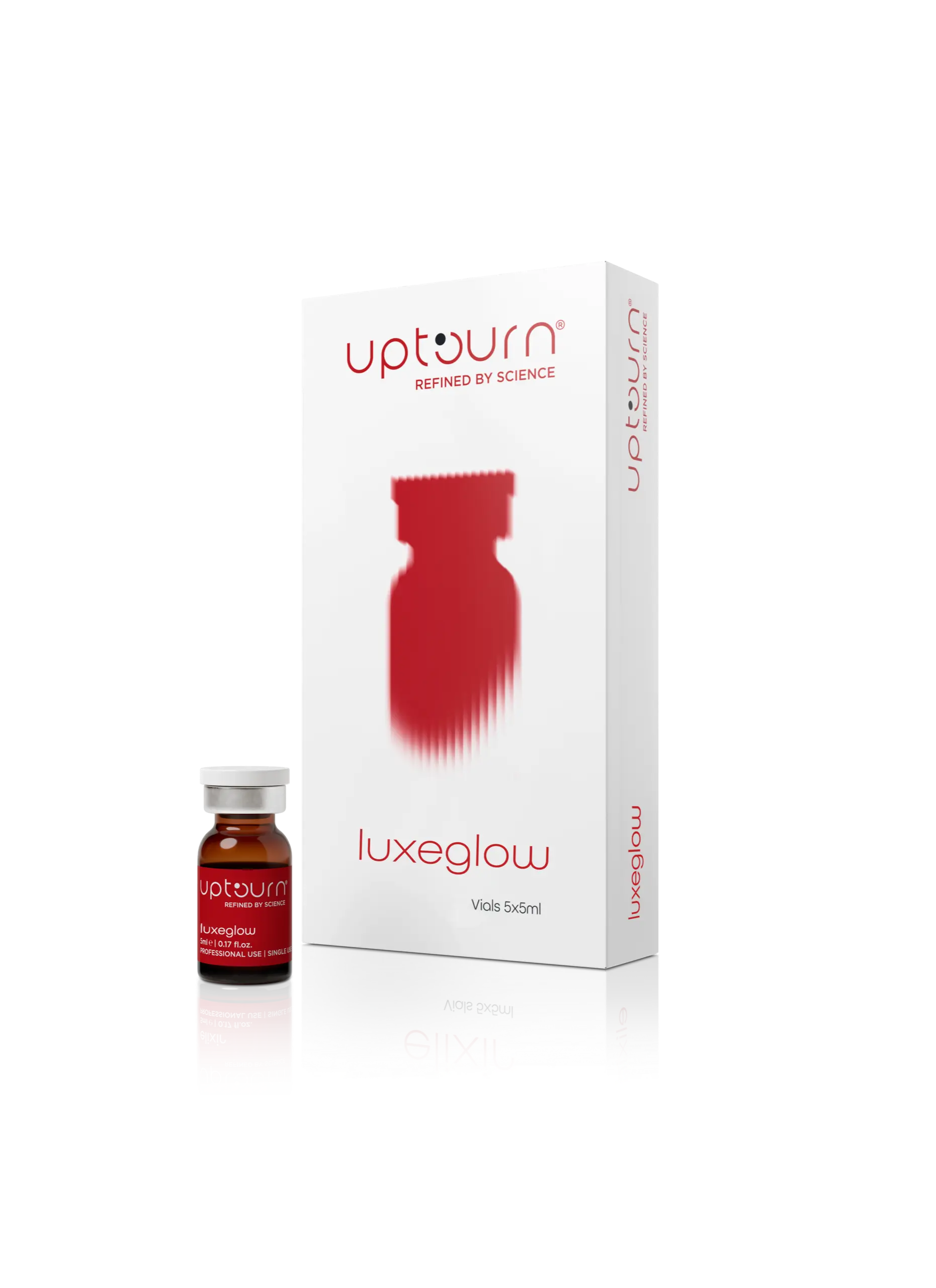 A small red vial labeled "upturn luxeglow" stands next to a matching white and red product box with the same name, featuring a blurred red silhouette of the vial on the front.