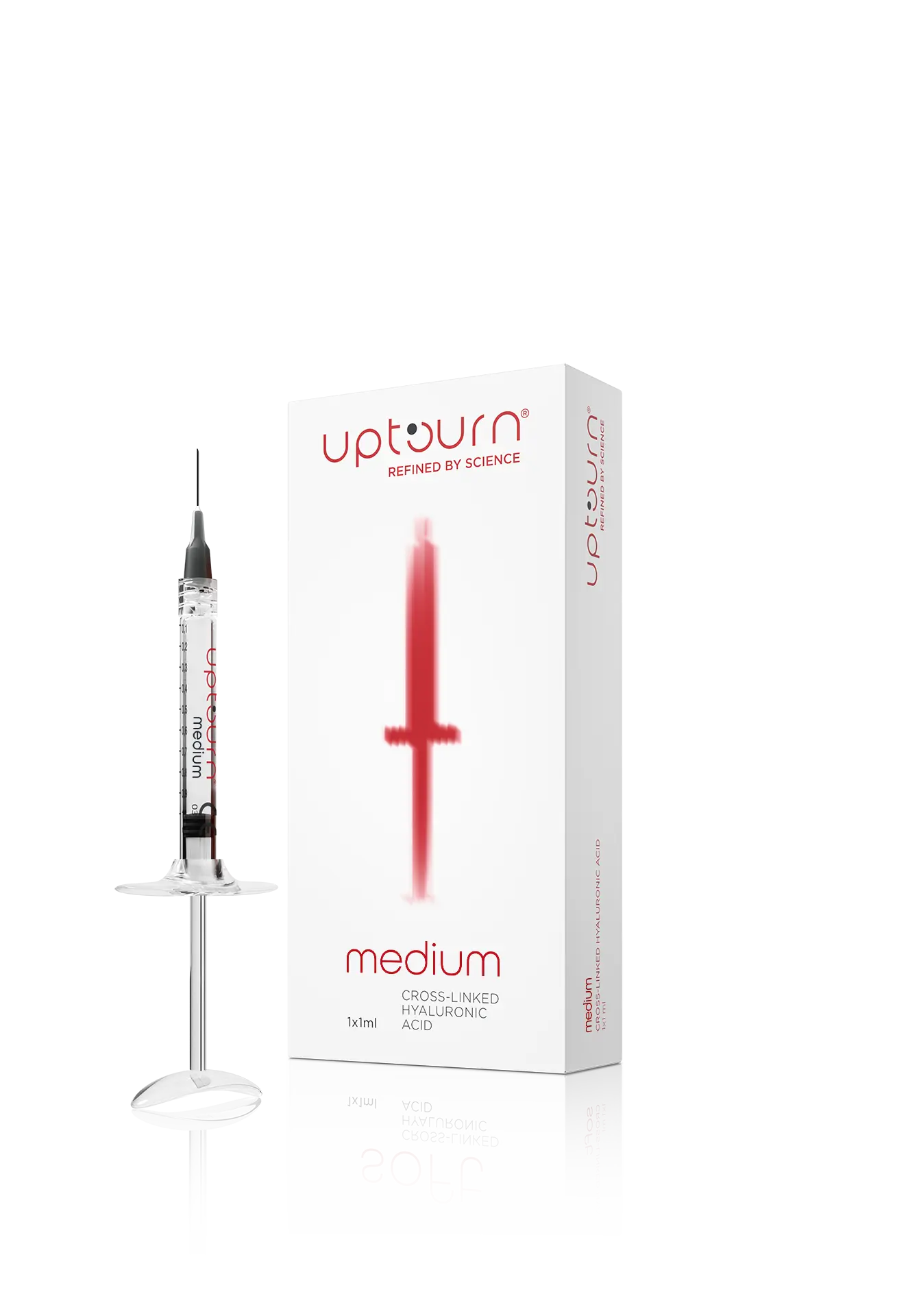 A syringe filled with clear liquid stands next to a white box labeled "upturn medium," featuring a red cross and text indicating it contains cross-linked hyaluronic acid, 1x1ml.