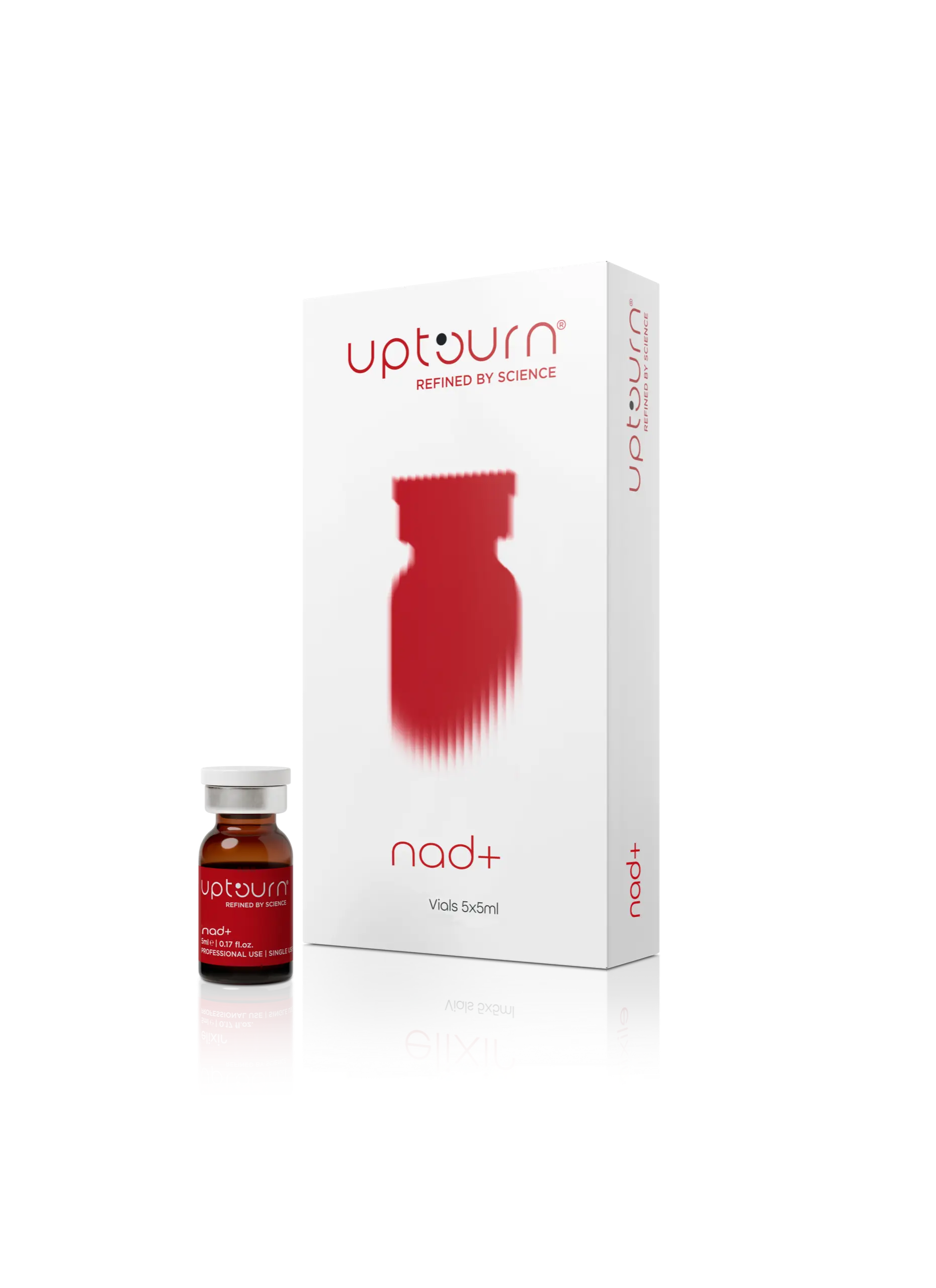 A small brown medicine vial labeled "upturn nad+" stands next to a white box with red accents and matching branding, displaying "upturn REFINED BY SCIENCE" and "nad+ Vials 5x5ml.