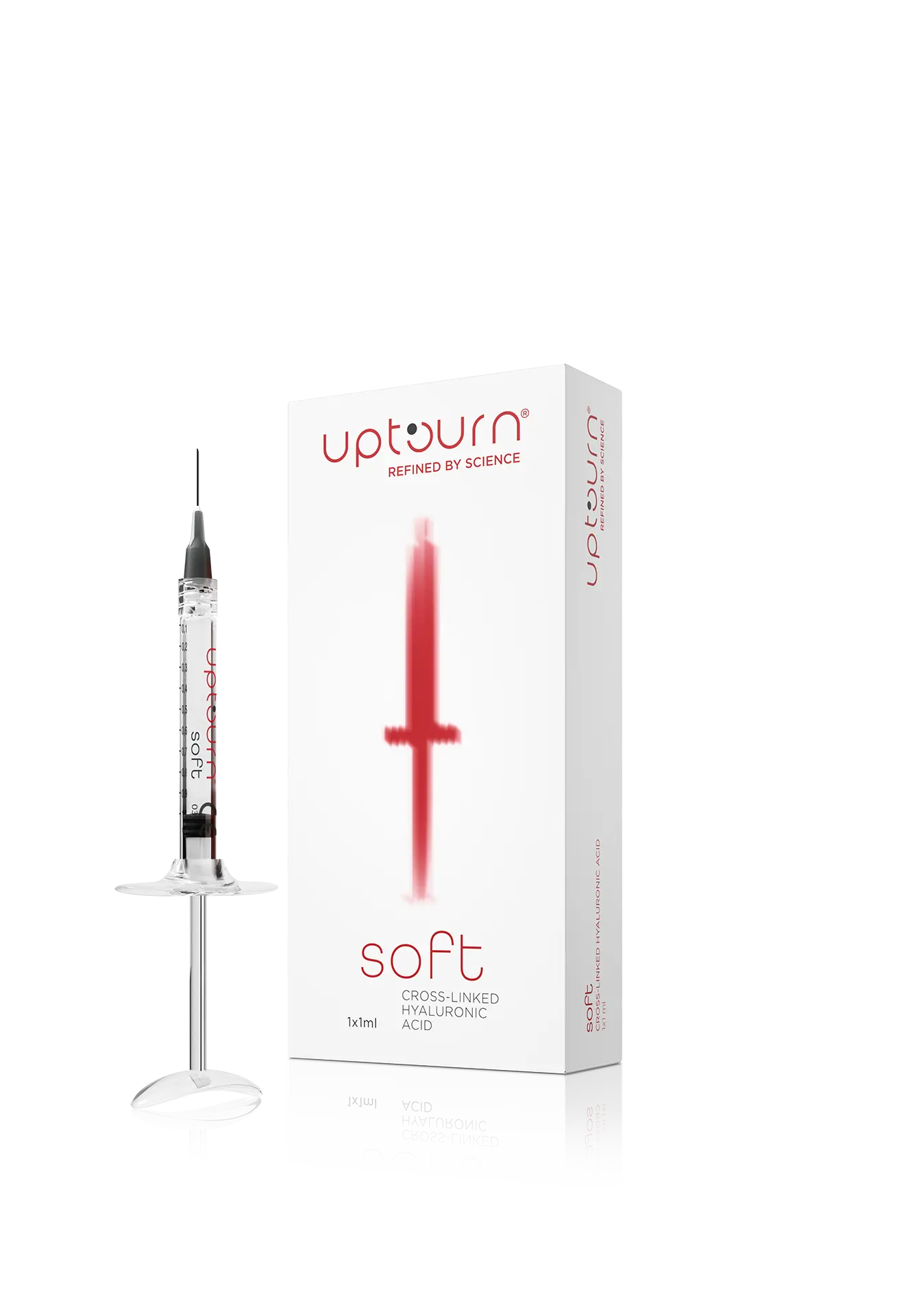 A clear syringe filled with liquid stands next to a white box labeled "uptown soft cross-linked hyaluronic acid 1x1ml," featuring red text and a red cross-like design on the front.