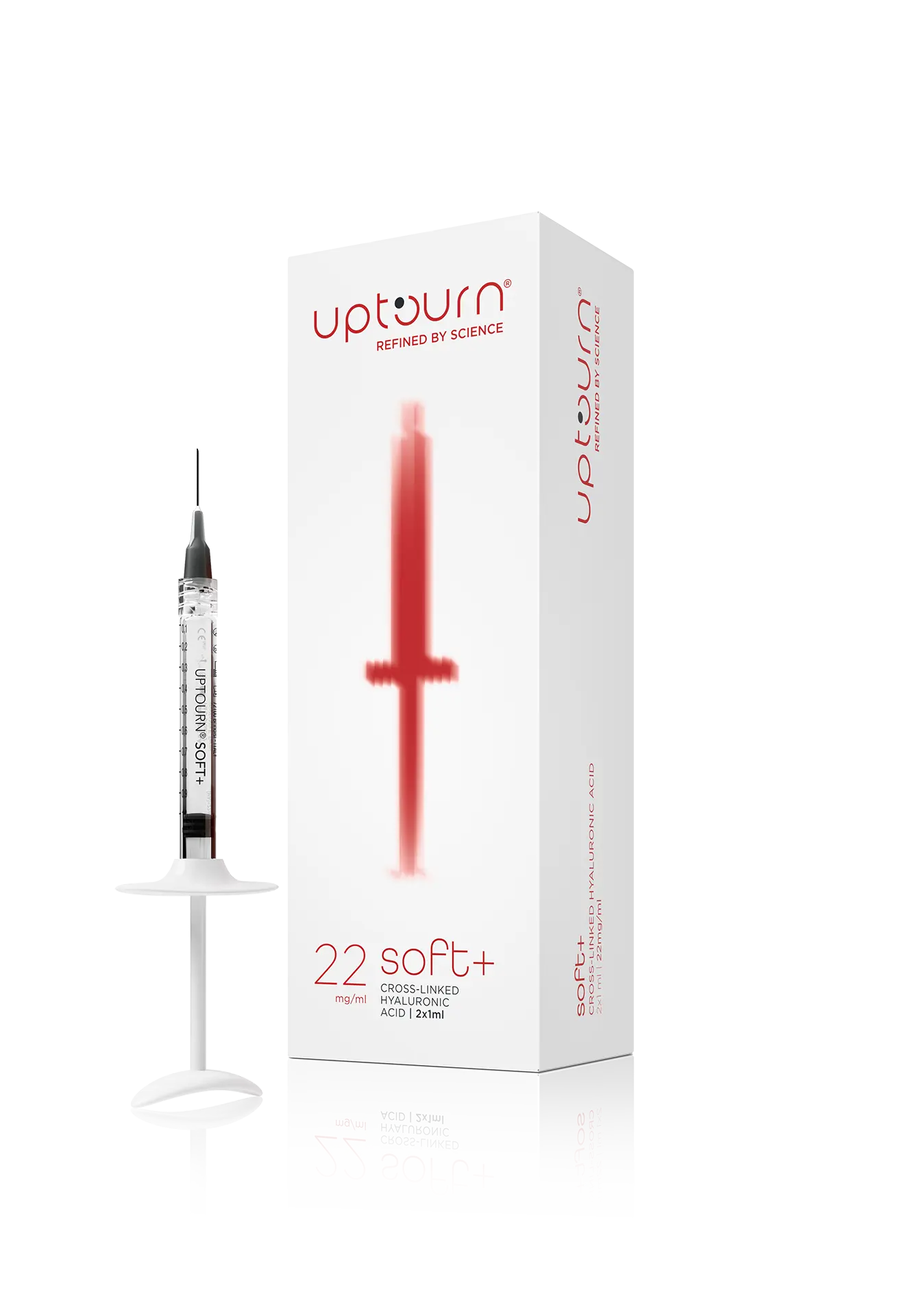 A clear syringe labeled "upturn SOFT+" stands next to a white box displaying the same branding, with a red cross design and text that reads "22 mg/ml cross-linked hyaluronic acid 1.1 ml.