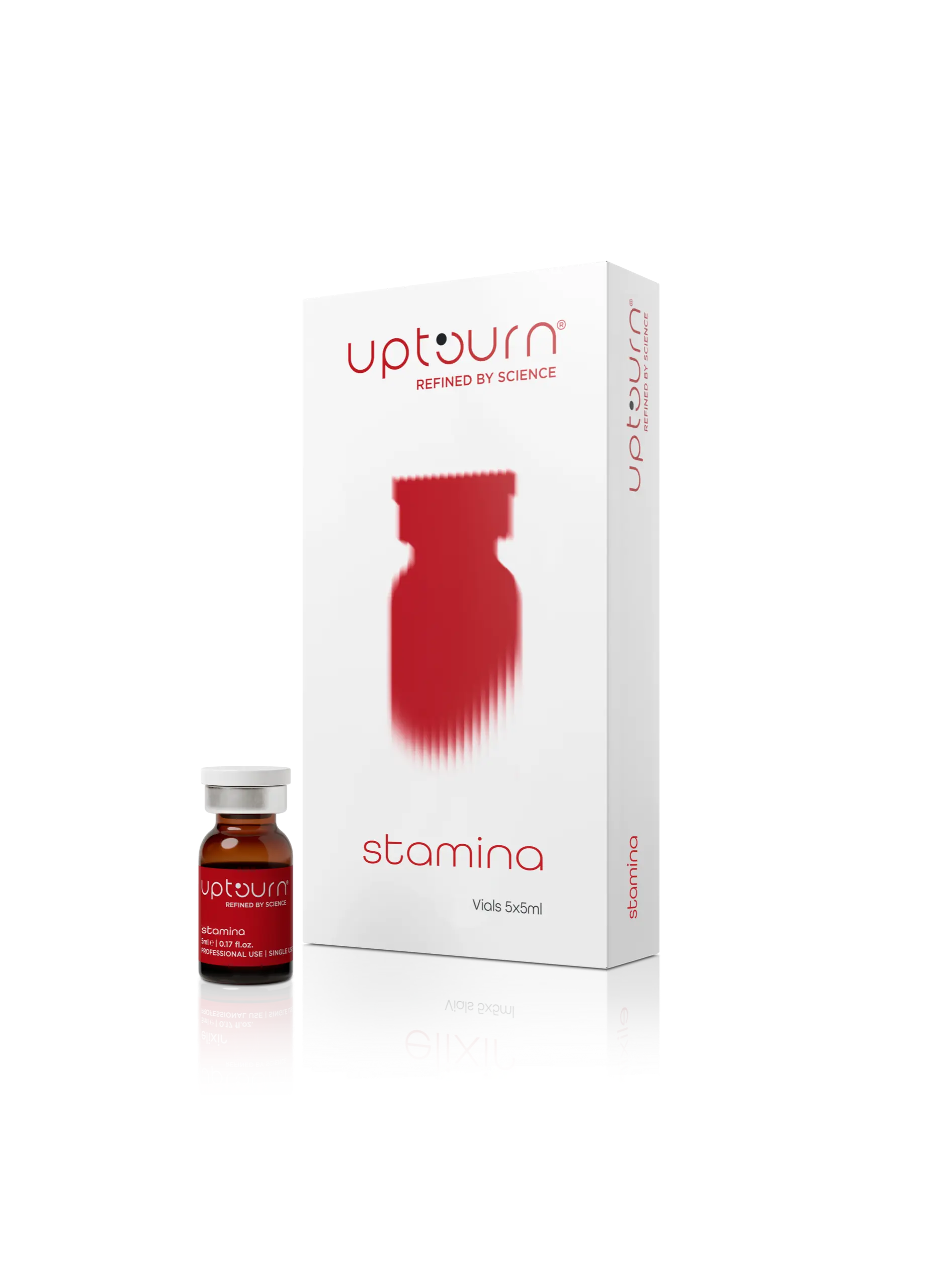 A small brown vial labeled "upturn stamina" stands next to a white box with the same branding and a red silhouette of the vial on the front. The product name "stamina" is clearly visible on both items.