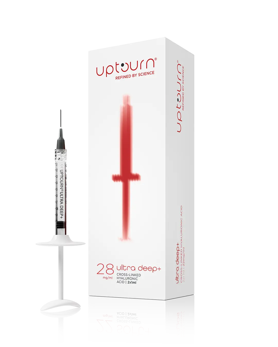 A white box labeled "upturn ultra deep+" with a red syringe graphic, next to an actual syringe filled with clear liquid. The packaging indicates it contains 28 mg/ml hyaluronic acid for cosmetic use.
