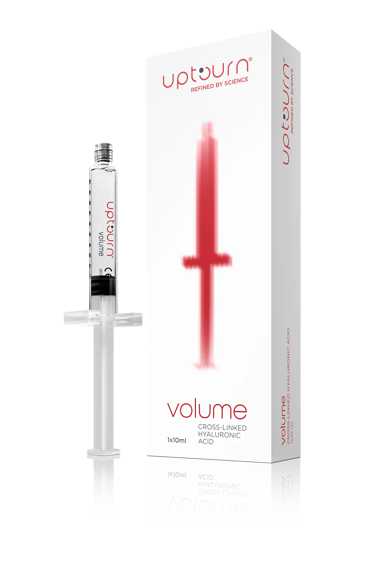 A clear syringe labeled "upturn" stands next to a white box with a red syringe graphic and the words "volume," "cross-linked hyaluronic acid," and "upturn refined by science.