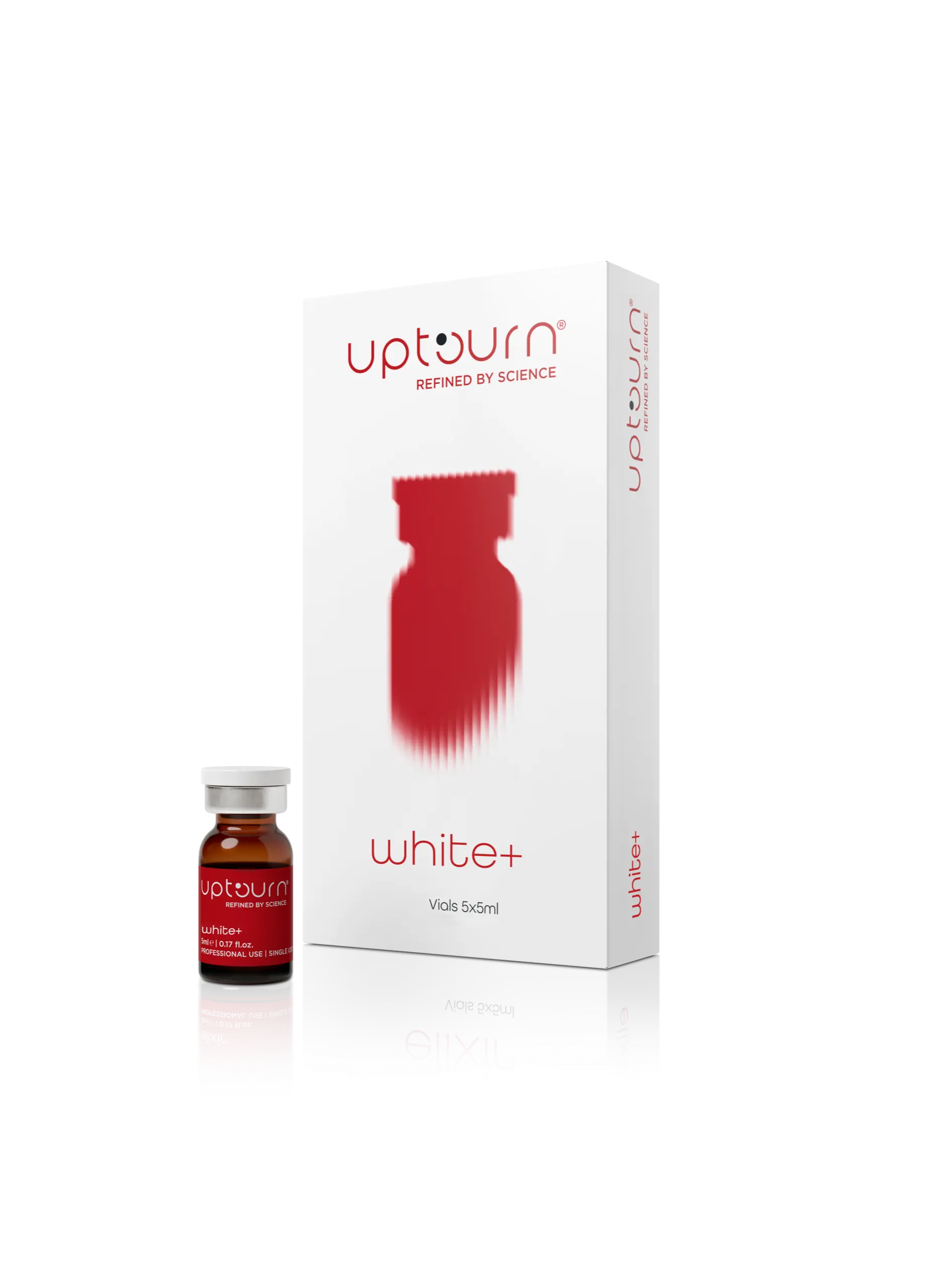 A small brown vial labeled "Upturn White+" stands next to a white box with red accents and the same branding. The box features a stylized red shadow image of the vial and the text "Refined by Science.