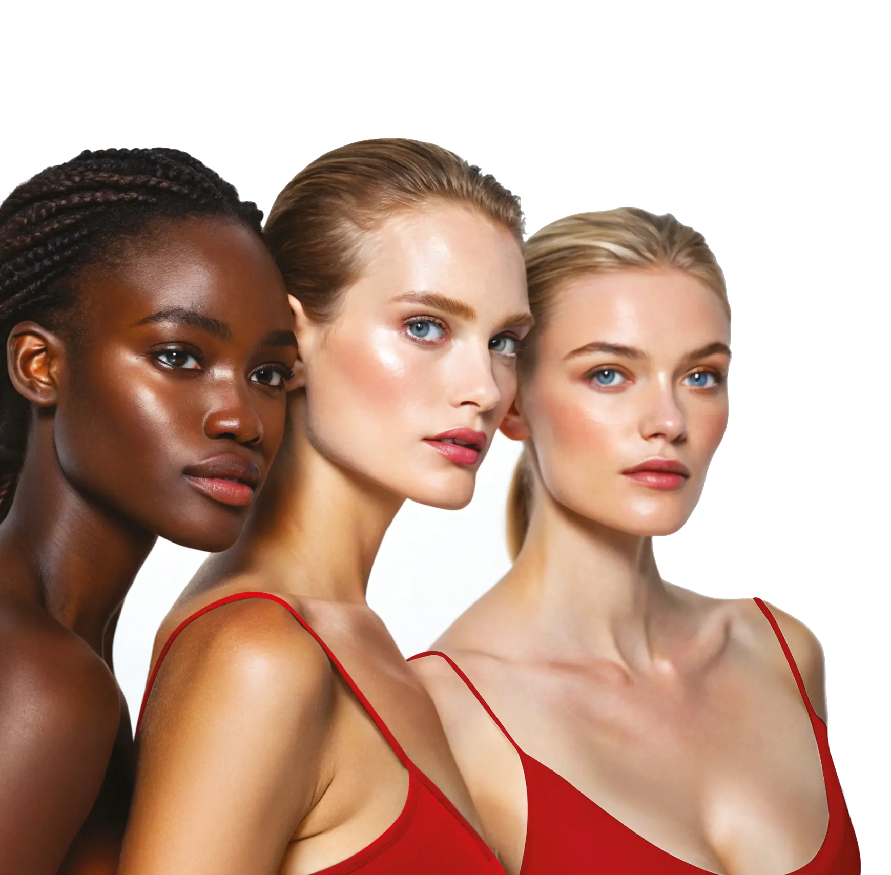 Three women with glowing skin, wearing red tops, stand close together against a white background, showcasing diverse complexions and natural makeup.