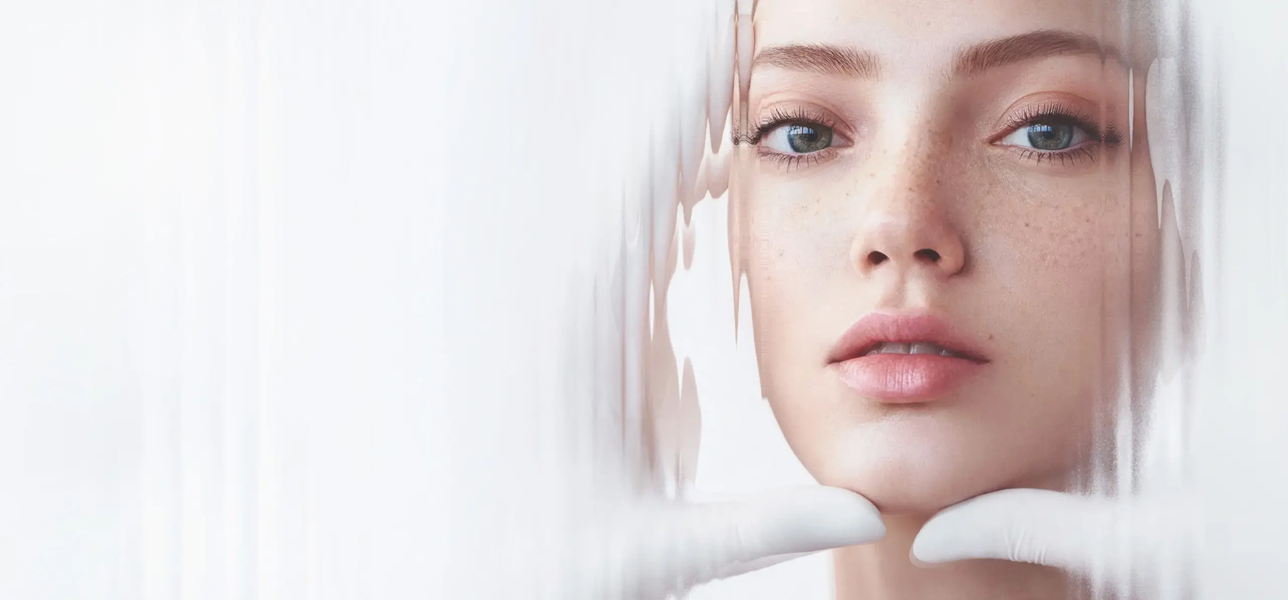 A woman with clear skin and freckles looks directly at the camera, her chin gently held by gloved hands. The left side of the image is blurred, giving a soft, dreamy effect.