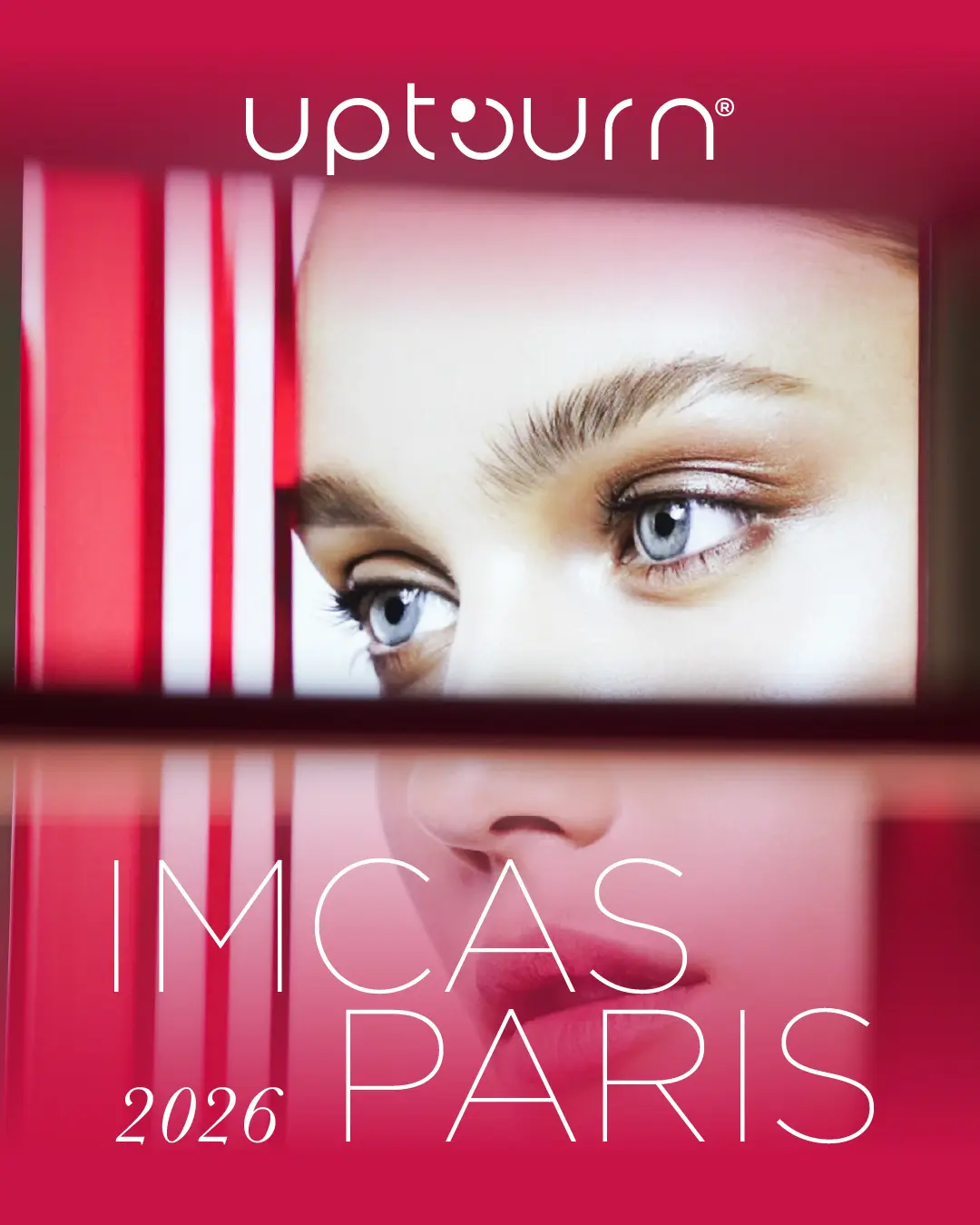 A close-up of a woman's face with blue eyes and natural makeup, framed by pink borders. White text reads "upturn," "IMCAS PARIS," and "2026.